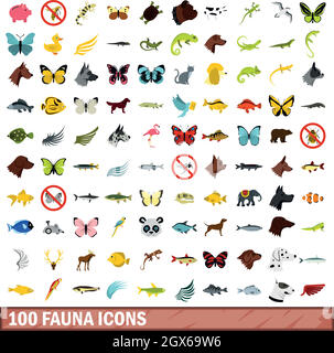 100 fauna icons set, flat style Stock Vector