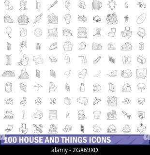 100 house and things icons set, outline style Stock Vector