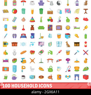 100 household icons set, cartoon style Stock Vector