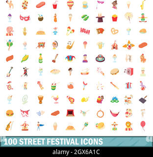 100 street festival icons set, cartoon style Stock Vector