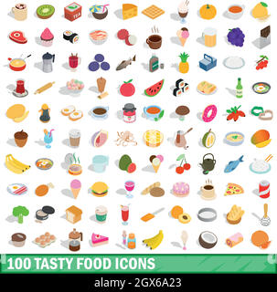 100 tasty food icons set, isometric 3d style Stock Vector