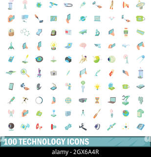 100 technology icons set, cartoon style Stock Vector