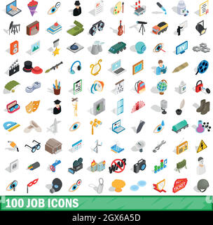 100 job icons set, isometric 3d style Stock Vector