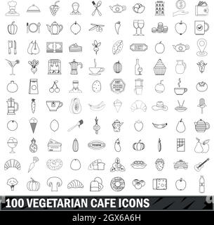 100 vegetarian cafe icons set, outline style Stock Vector