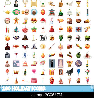 100 holiday icons set, cartoon style Stock Vector