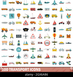 100 transport icons set, flat style Stock Vector