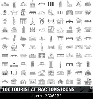 10 tourist attractions icons set, outline style Stock Vector