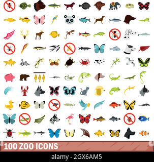 100 zoo icons set, flat style Stock Vector