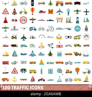 100 traffic icons set, flat style Stock Vector