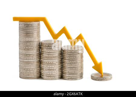 Inflation and the economic crisis. Financial market crash isolate on white background. The yellow arrow on the chart is pointing down. Plot a graph on Stock Photo