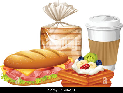 Breakfast set with waffles and bread Stock Vector