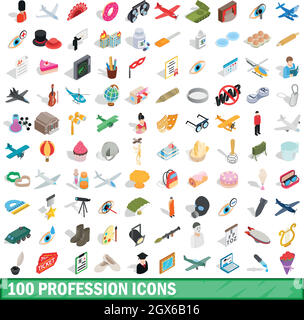 100 profession icons set, isometric 3d style Stock Vector