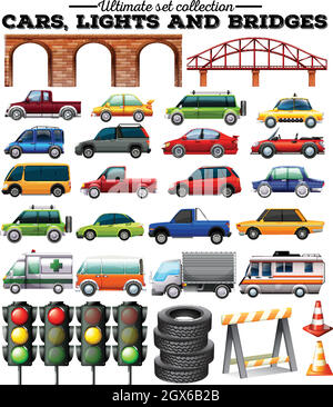 Different kind of cars and objects on road Stock Vector