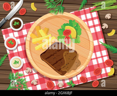 Steak with fries and salad on the plate Stock Vector