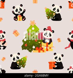 Seamless patterns with festive little bears. Cute panda with big gift and Christmas tree in Santa hat on light background. Vector illustration. For th Stock Vector