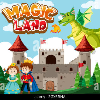 Font design for word magic land with dragon at the castle Stock Vector