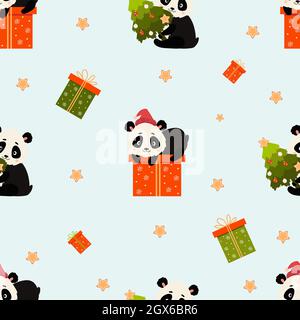 Seamless pattern with pandas. Cute Christmas animal in Santa hat with big gift and Christmas tree on blue background. Vector illustration. For New Yea Stock Vector