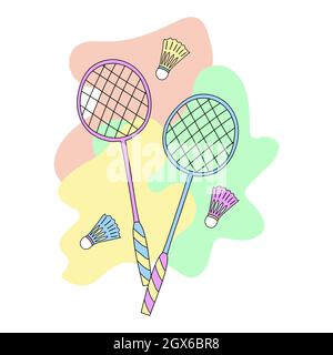 Line art style badminton rackets and shuttlecocks. Vector illustration. Stock Vector
