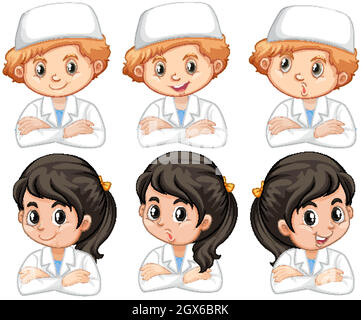 Boy and girl in lab gown with different facial expressions Stock Vector