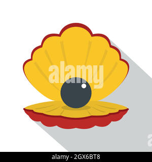 Black pearl in a sea shell icon, flat style Stock Vector