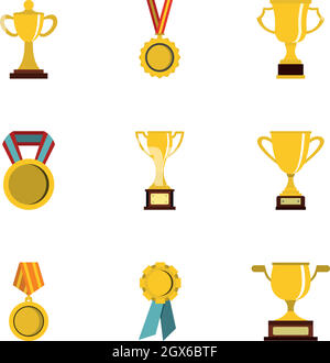 Trophy and awards icons set, flat style Stock Vector