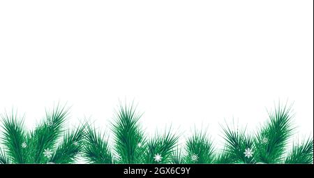 Christmas and New Year vector banner template. Fir tree branches border with winter decor on transparent background Stock Vector