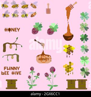 honey bee set, clover, beehive Stock Vector