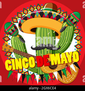 Cinco de Mayo card template with cactus and guitar Stock Vector