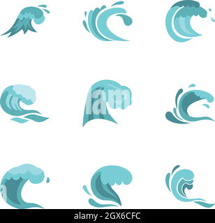 Sea or ocean waves icons set, flat style Stock Vector