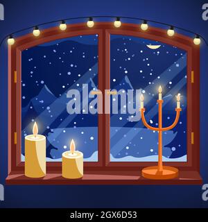 Window with winter view at night. Candles, candle holder and light garland on windowsill, snowy forest landscape with spruce trees, vector Stock Vector