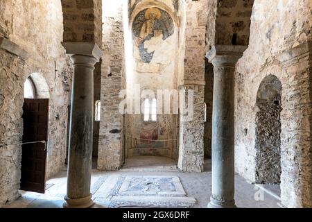 Ancient Byzantine Church Interior in Mystras Byzantine City Peloponnese Greece Stock Photo