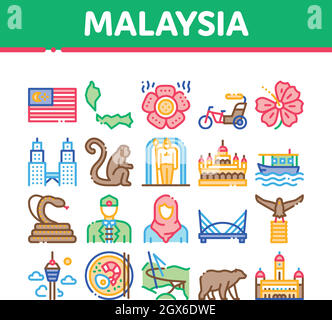 Malaysia National Collection Icons Set Vector Stock Vector