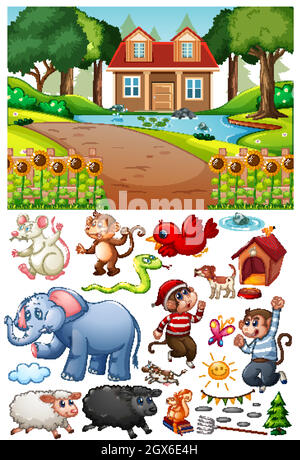 A house in nature scene with isolated cartoon character and objects