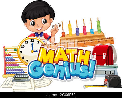 Font design for word math genius with boy and school items Stock Vector