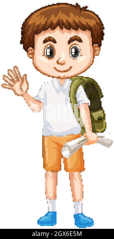 Cute boy with green backpack greeting on white background Stock Vector