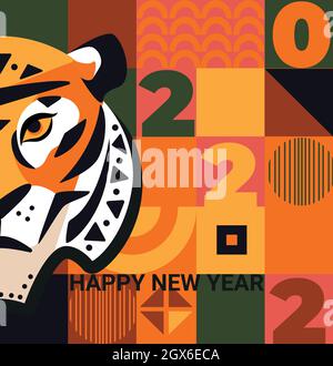 2022 New Year greeting card with half tiger face. Stock Vector