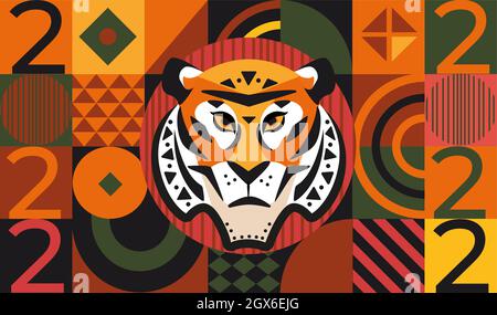 2022 New Year greeting card, tiger face, numbers. Stock Vector