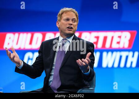 Manchester, UK. 04th Oct, 2021. Manchester, Uk. Monday, Oct. 4, 2021 . In conversation with Grant Shapps, Secretary of State for Transport Conservative Party 2021 Conference Credit: Julie Edwards/Alamy Live News Stock Photo