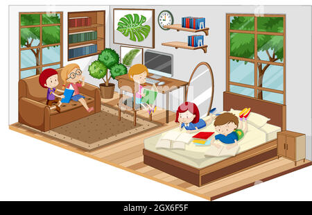 Children in the living room with furnitures Stock Vector