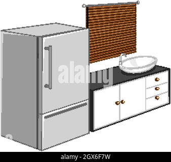 Refrigerator with kitchen furniture isolated on white background Stock Vector