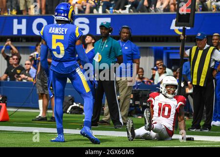 Los Angeles Rams cornerback Jalen Ramsey (5) grabs the jersey of Carolina  Panthers quarterback PJ Walker (11) for a sack during an NFL football game  Sunday, Oct. 16, 2022, in Inglewood, Calif. (