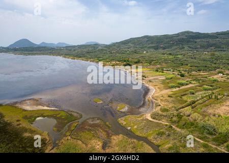 Aerial drone video over Lake Korission. Korission Lagoon is located in the southern part of Greek island of Corfu, Greece. Stock Photo