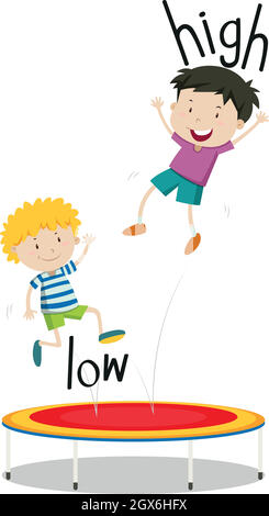 Two boys jumping on trampoline low and high Stock Vector
