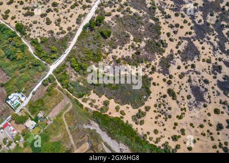 Aerial drone view over sand dunes close to Lake Korission. It is located in the southern part of Greek island of Corfu, Greece. Stock Photo