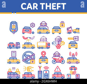 Car Theft Collection Elements Icons Set Vector Stock Vector