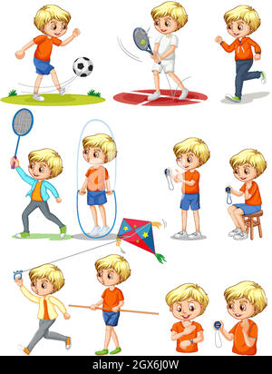 Set of a boy doing different activities Stock Vector