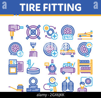 Tire Fitting Service Collection Icons Set Vector Stock Vector