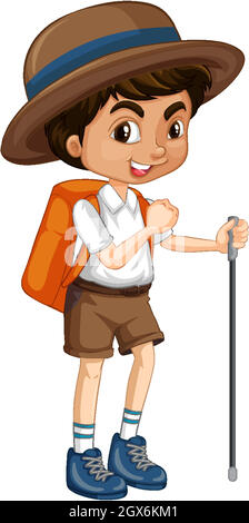 One happy boy with backpack and walking stick Stock Vector