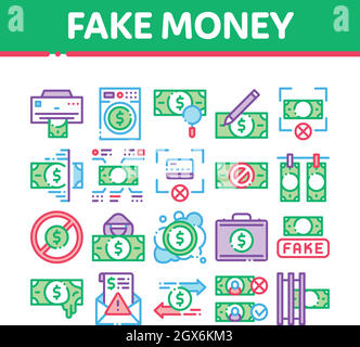 Fake Money Collection Elements Icons Set Vector Stock Vector