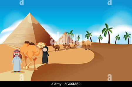 Desert scene with pyramids and camels Stock Vector
